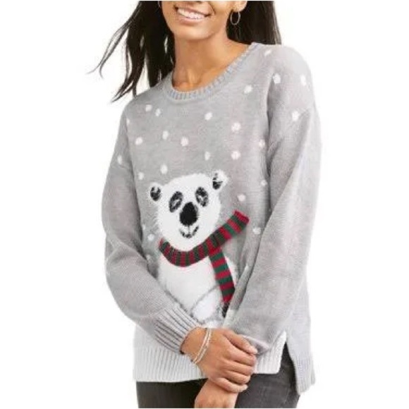 Holiday Time Grey White Polka Dot Polar Bear Snow Christmas Ugly Sweater Medium - Picture 1 of 10